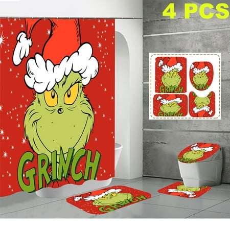 Grinch Christmas Shower Curtain Set with Rugs, Toilet Lid Cover Bath Mat ,Christmas Decoration Shower Curtain with 12 Hooks,72 x 72 Inches Waterproof Shower Curtain for Bathroom Set/Style 7
