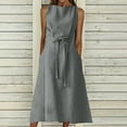 thumbnail image 2 of CHOK Robe en Lin pour Femmes Petites Femmes Été Décontractée Unie Col Rond Sans Manches Longue Robe, 2 of 5
