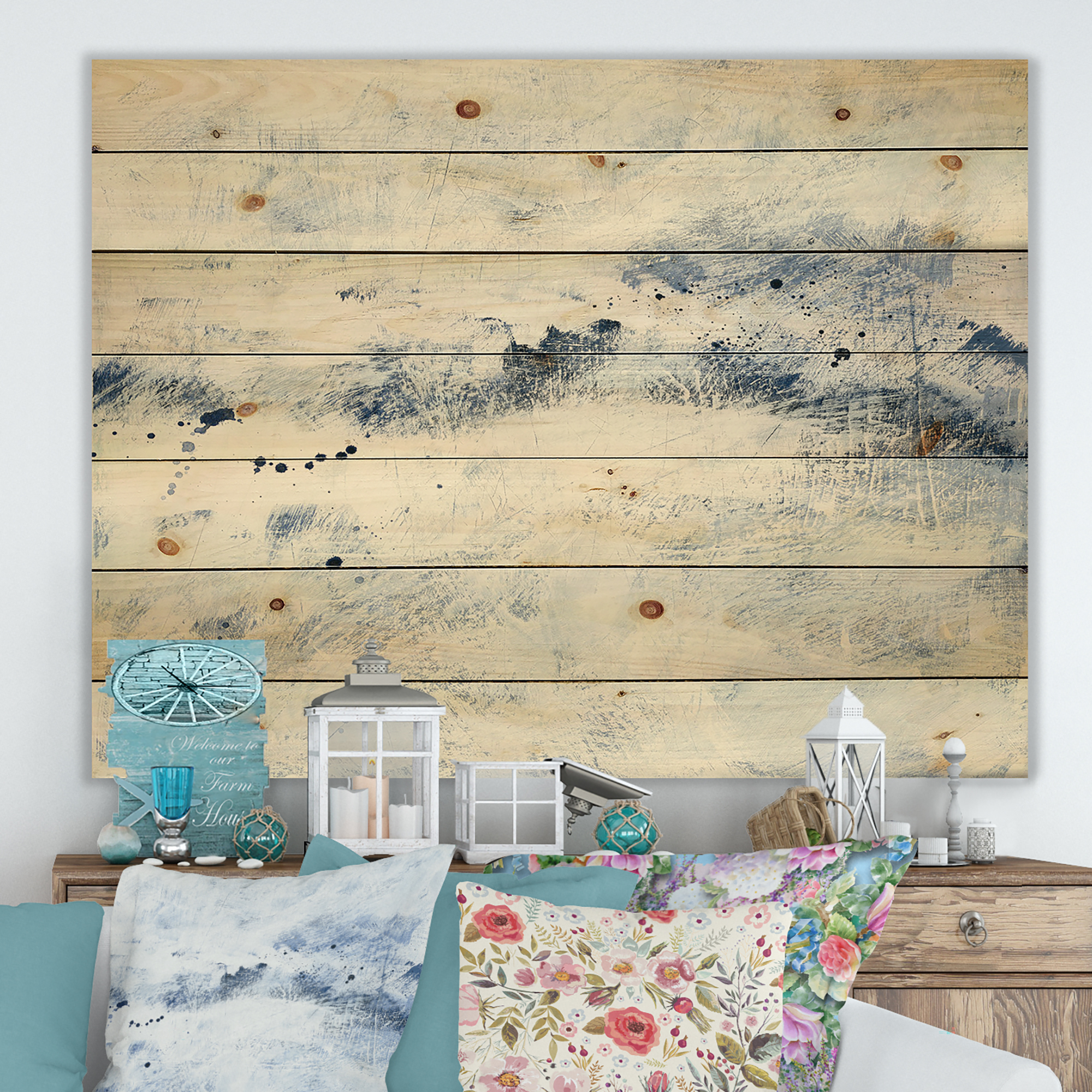 Designart 'Fractal Blue Wipe Out' Traditional Print on Natural Pine Wood