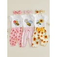 thumbnail image 3 of Cenuakty Baby 3M 6M 12M 18M 24M Girl Summer Outfits Fashionable Short Sleeve Bee Floral Print Romper with Pants, Headband 3Pcs Set, 3 of 9
