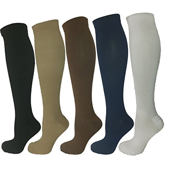 5 Pair Moderate Compression Socks, 15-20 mmHg. Assorted Colors M/L