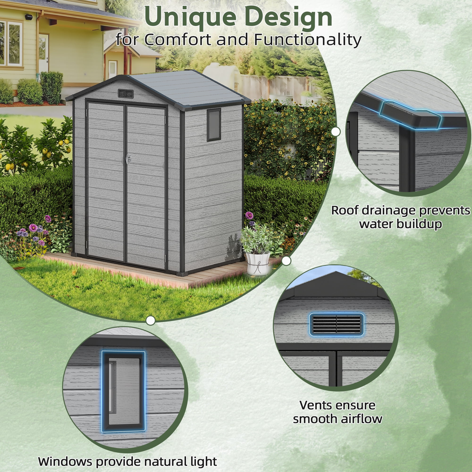 Sylviera 6x4FT Resin Outdoor Storage Shed with Floor, All-Weather Waterproof Plastic Garden Shed for Backyard, Heavy-Duty Storage Shed for Tools, Bikes & Lawn Equipment