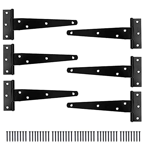 6 inch Black Cold Rolled Iron Rustproof Steel T Hinge Heavy Duty Tee Hinges for Outdoors Garden Gate Sheds Barn Fence Strap Hinges 4 Pack T-Strap Hinges with Screws