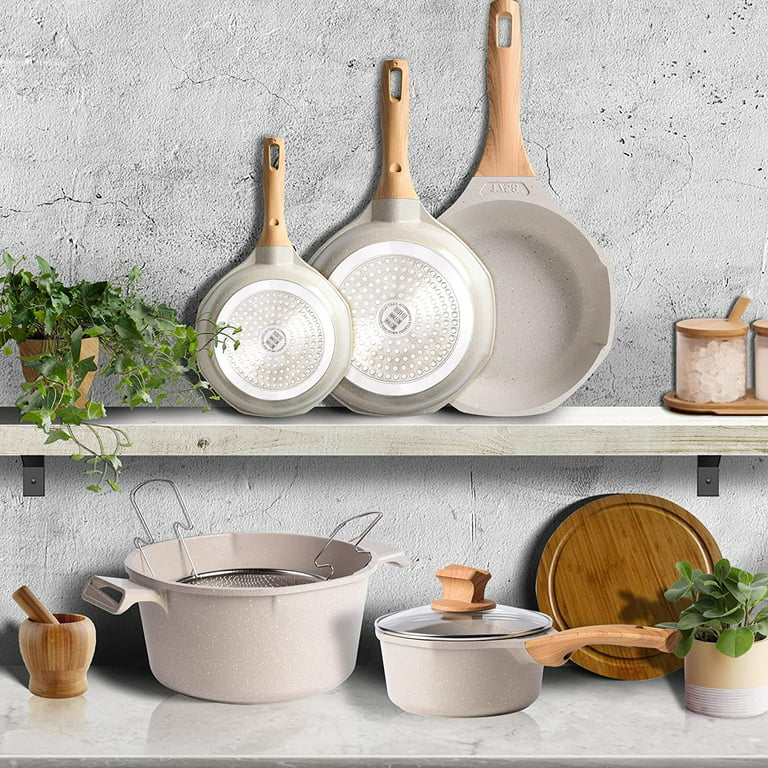 Pots and Pans Set - Kitchen Nonstick Cookware Sets Granite Roasting Pan  Beige