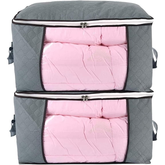Comforter storage bag, zippered bag with large clear window and carry handles, space saver organizers for closet, blanket, pillow, quilt, bedding, clothes (2pcs grey large)