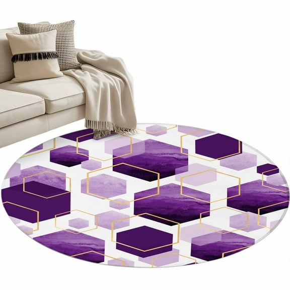 Purple Geometric Round Area Rug 3 FT, Small Kitchen Bathroom Mat, Gold White Hexagon Modern Washable Indoor Outdoor Throw Runner Carpet Non-Shedding Doormat for Table Shower Sofa Entryway