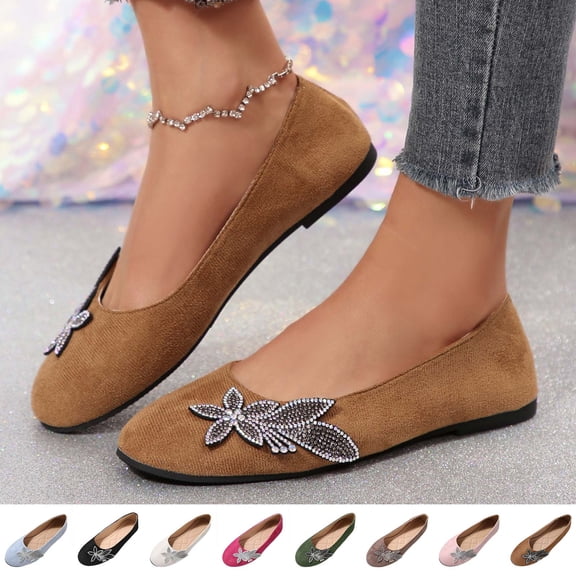 Viluyesy Womens Ballet Flats Pointed Toe Corduroy Rhinestone Butterfly Slip On Breathable Everyday Formal Comfort Flat Shoes Pink Size US9