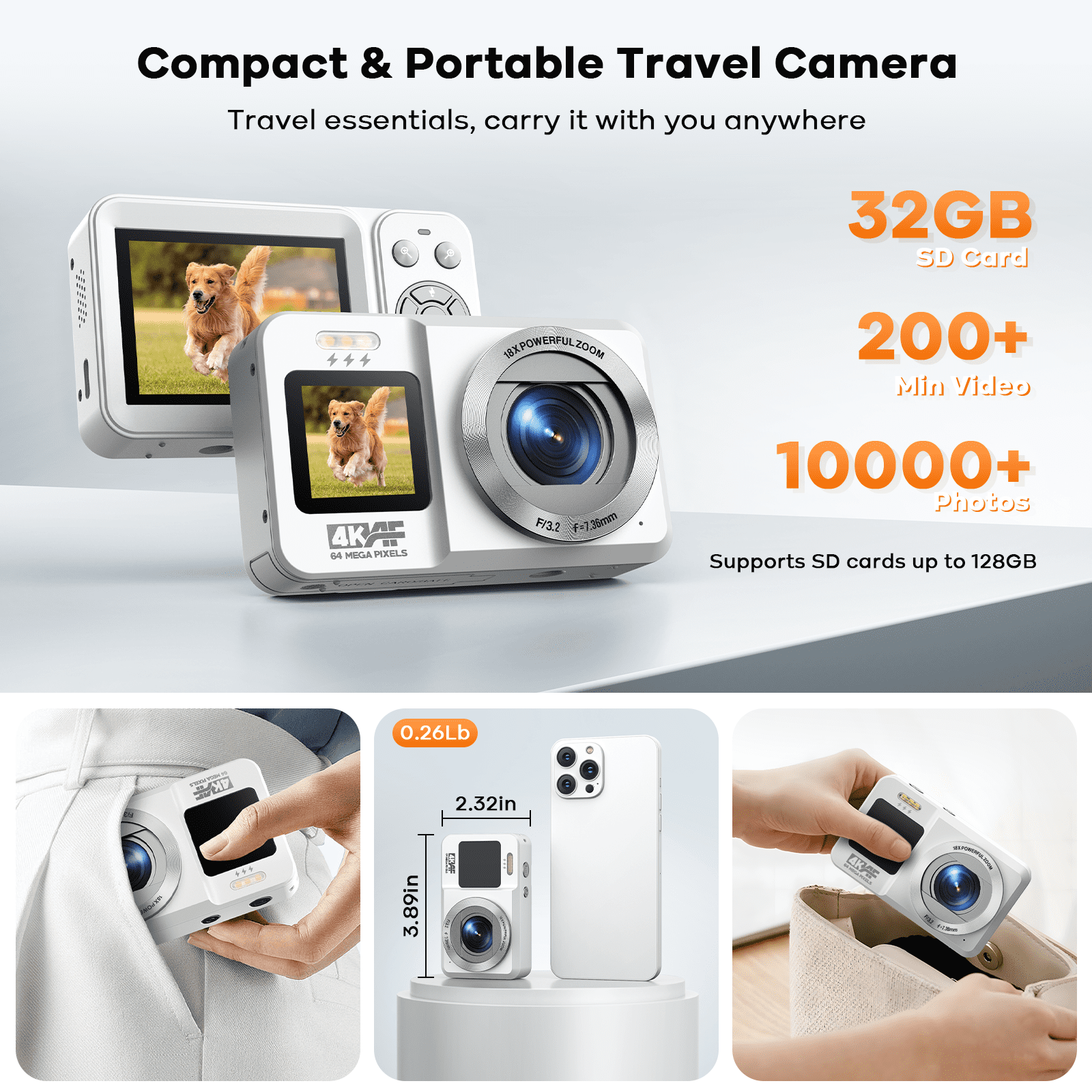 Campark 64MP Digital Camera Autofocus 18x Digital Zoom with 32G SD Card 4K Point and Shoot Camera for Kids Teens Students