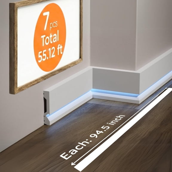 7-Piece 94.5″ (55.12 ft) LED Baseboard & Crown Molding with Duct Kit for Seamless Ambient Home Accent Lighting | Waterproof Channel for Easy LED Strip Installation (Baseboard Molding | ASL-003-A)