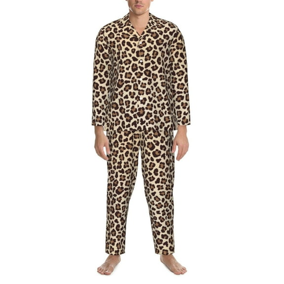 Mens Pajamas Set - Leopard Print-2 Comfy Long Sleeve Button Up Pajama Sets for Men 2 Piece, Soft Sleepwear Nightwear Pjs Lounge Sets for Men with Pockets