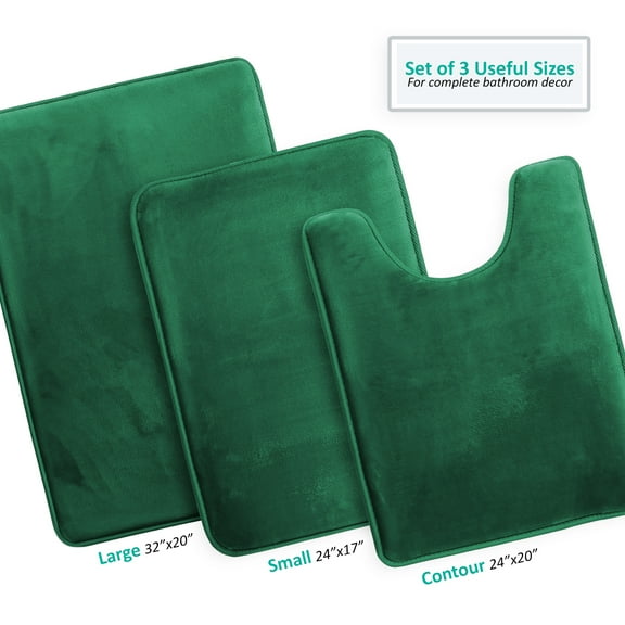Clara Clark Set of 3 Absorbent Memory Foam Bath Mat Bathroom Rugs, 20x32, 17x24 and Contour Bath Rug, Hunter Green