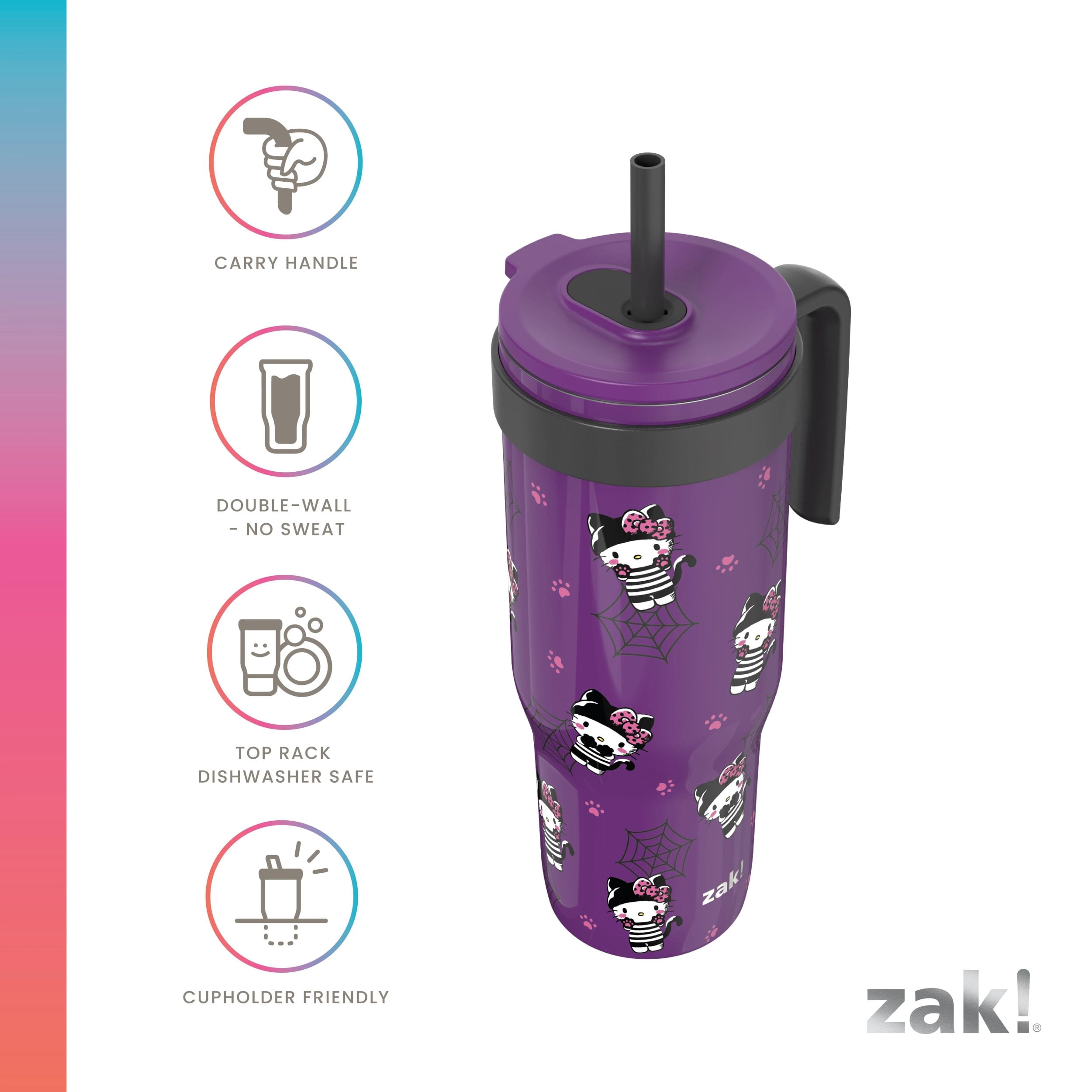 Zak Designs 30oz SS Straw Tumbler with a Handle, Dark Purple Hello Kitty