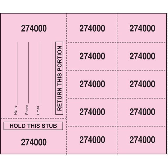 500 Pink Chinese Auction Tickets (2 Stub Choices) (10 Bid Numbers per Sheet, Stub w/ "Buyer's Name, Phone & Email")