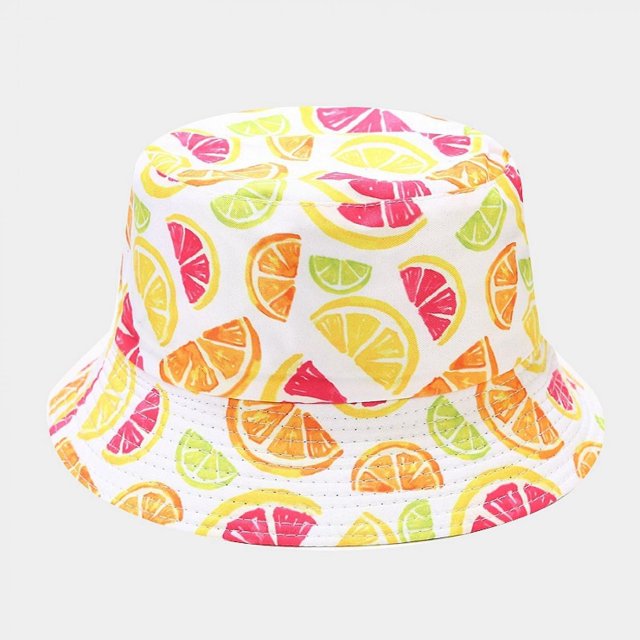 Sombrero de cubo de pescador con estampado de frutas coloridas reversibles empacables, muchos patrones Feliz Sencillez