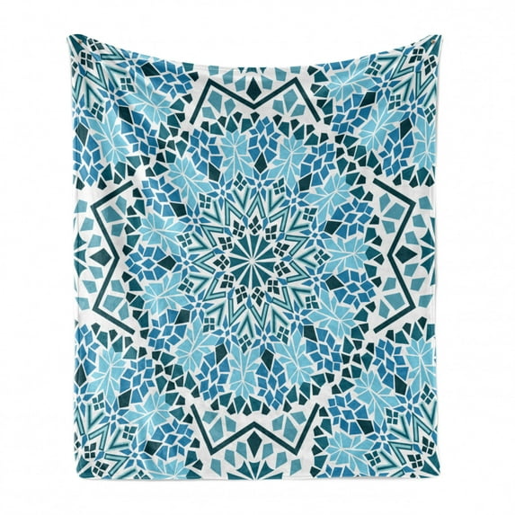 Moroccan Soft Flannel Fleece Blanket, Moroccan Architecture Consists of Geometrically Patterned Mosaic and Stars Eastern, Cozy Plush for Indoor and Outdoor Use, 60" x 80", Blue White, by Ambesonne