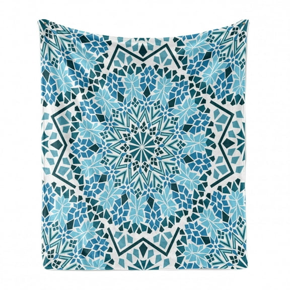 Moroccan Soft Flannel Fleece Blanket, Moroccan Architecture Consists of Geometrically Patterned Mosaic and Stars Eastern, Cozy Plush for Indoor and Outdoor Use, 60" x 80", Blue White, by Ambesonne