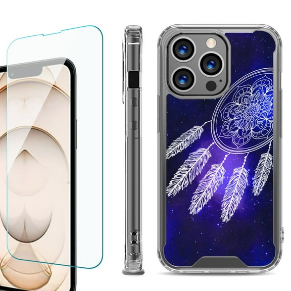 Shockproof Bumper Phone Case for iPhone 13 Pro Max, with Tempered Glass Screen Protector, by OneToughShield ® - Dream Catcher