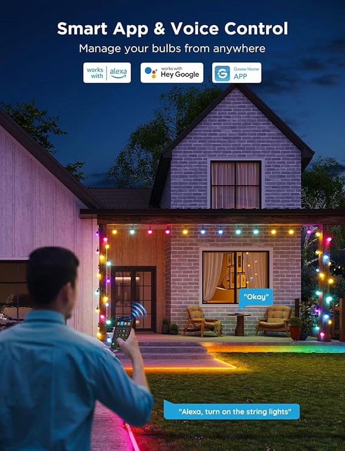 Govee Smart Outdoor String Lights 2, 96ft,RGBIC, Dimmable Warm White, 47 Scenes, IP65, Alexa,App Control