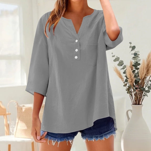 AKEGAMN Summer Button Down Tops 3/4 Length Sleeve Casual Blouses Oversized Tshirts, Gray 4XL, Size S-5XL