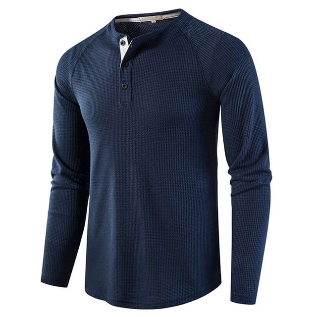 AherBiu Mens Long Sleeve Button Shirts Button Fall Knitted T Shirts Slim Fitted Warm Waffle Lightweight Fashion Tees Top