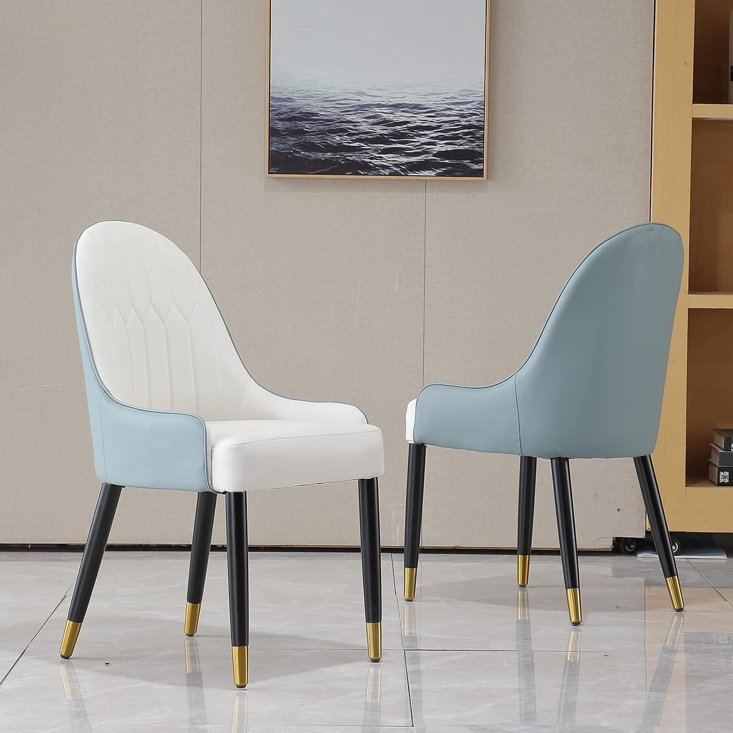 Blue Modern Dining Chairs Set of 2 w/ Faux Leather & Metal Legs | Kitchen/Living/Dining Room PU Accent Chairs