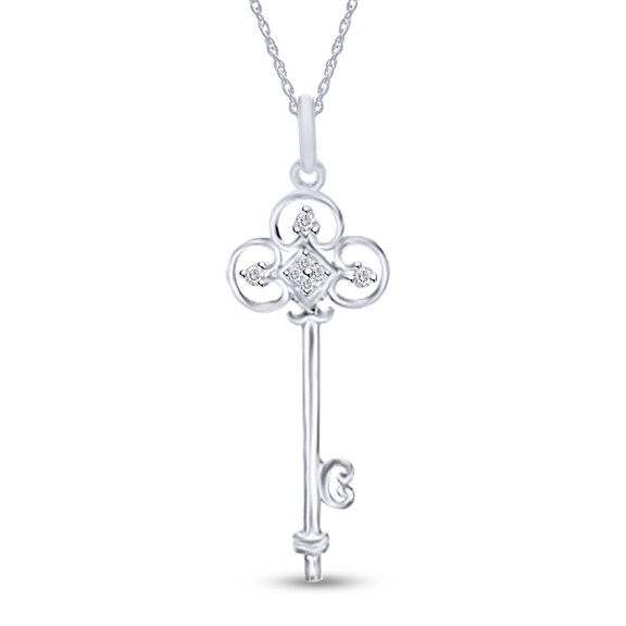 AFFY 1/10 Carat Round Cut Natural White Diamond Key Pendant Necklace Along With 18" Chain In 14K Gold Over Sterling Silver (0.1 Cttw, I2-I3 Clarity)