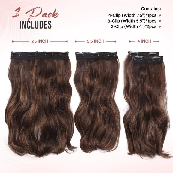 WEIF-14 Inch Brown Hair Extensions - Wavy Synthetic Clip in Hair Extensions For Women And Girls (Color:Chestnut Brown with Dark Blonde Highlights)