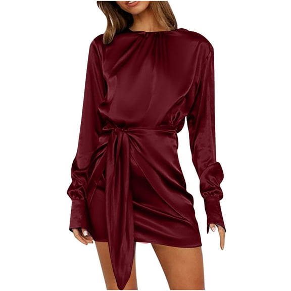 Solid Color O-Neck Pencil Dress for Women Long Sleeve Front Tie Short Dress Slim-Fit Casual Mini Dresses