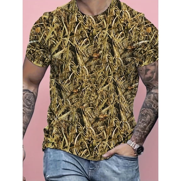 Men's 3D Grass Camouflage Printed T-Shirt - Comfort, Short Sleeve, Summer Exterior - Extra Large