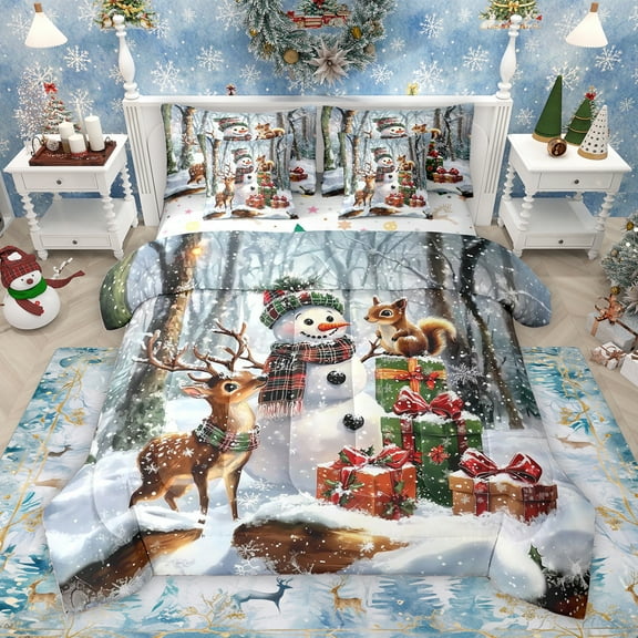 Homewish Cartoon Winter Snowman Twin Bedding Sets 7-Piece, Jungle Reindeer Animal Bedding Comforter Set, Christmas Festival Reversible Sheet Sets, Breathable Home Decor
