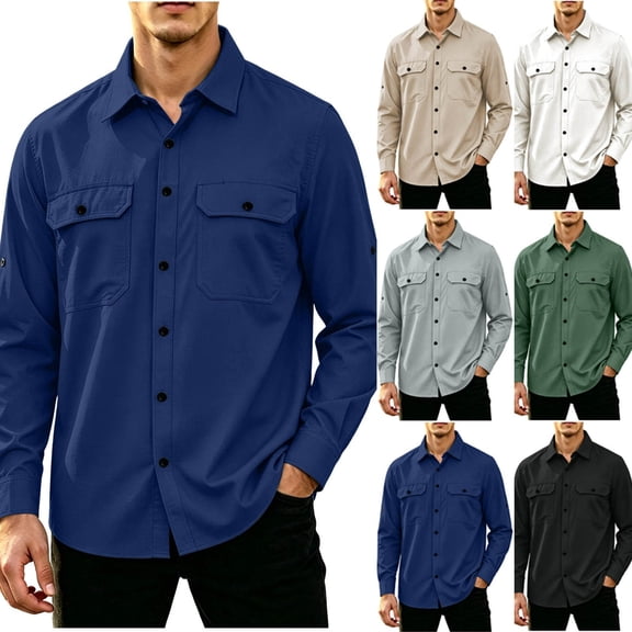 Gfyviroh Men's Work Shirts Casual Full Button Front Lightweight Shirt with Chest Pockets Comfy Long Sleeve Outdoor Shirt