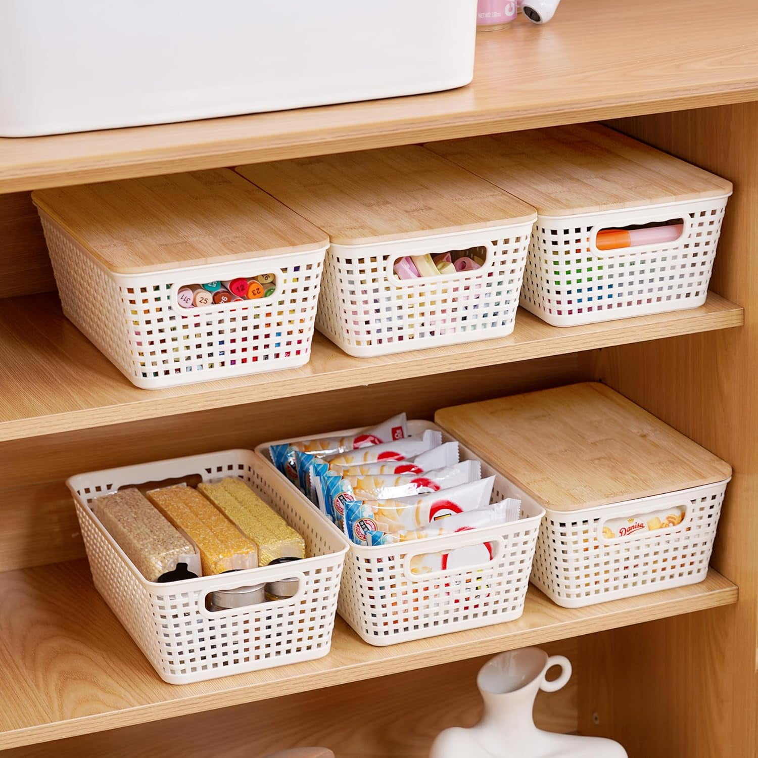 Small Storage Bins with Lids 6 Packs, Plastic Storage Basket with Bamboo Lid for Pantry Organization and Storage Containers for Shelves Drawers Desktop Closet Playroom Office Home, White