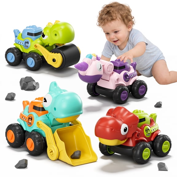 Toys for 1 2 3 Year Old Boys Girls, Construction Vehicle Dinosaur Toy Cars for Toddlers, Press and Go Toy Cars, Play Vehicle Toys Set, Unicorn Car Toys Baby Toys for 1 Year Old Birthday Gifts
