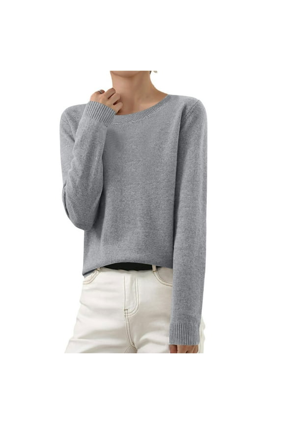 Cotton Womens Sweater Long Sleeve Pullover Womens Sweaters Fall Regular Leisure Gray Solid Color Knitted Sweaters