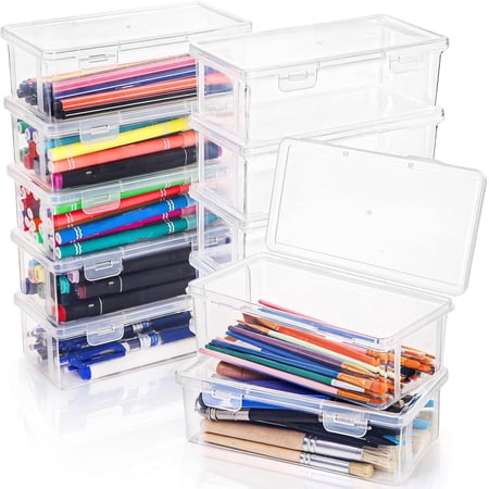 Plastic Pencil Box with Lid Clear 12 Pack | Small Crayon Case Storage Boxes Stackable Design Durable Office Supplies Organizer for Crayon Pencil Craft Brush Stationery