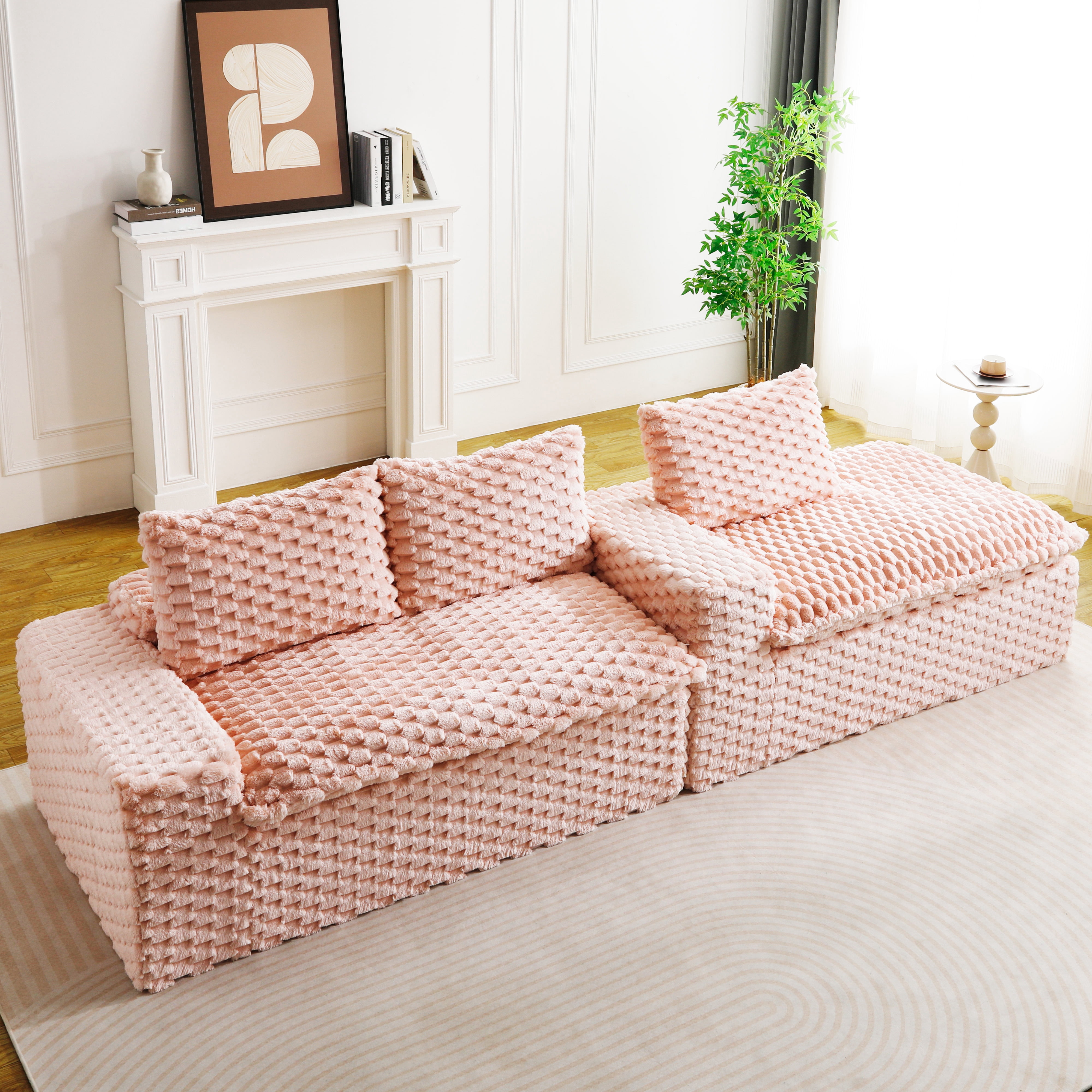 HOQBN 96"W Modular Sectional Sofa,L Shape Modern Corduroy Cloud Couch,Upholstered Deep Seat Boneless Sofa Couch with Right Chaise Lounge for Living Rooms,No Assembly Required,Pink