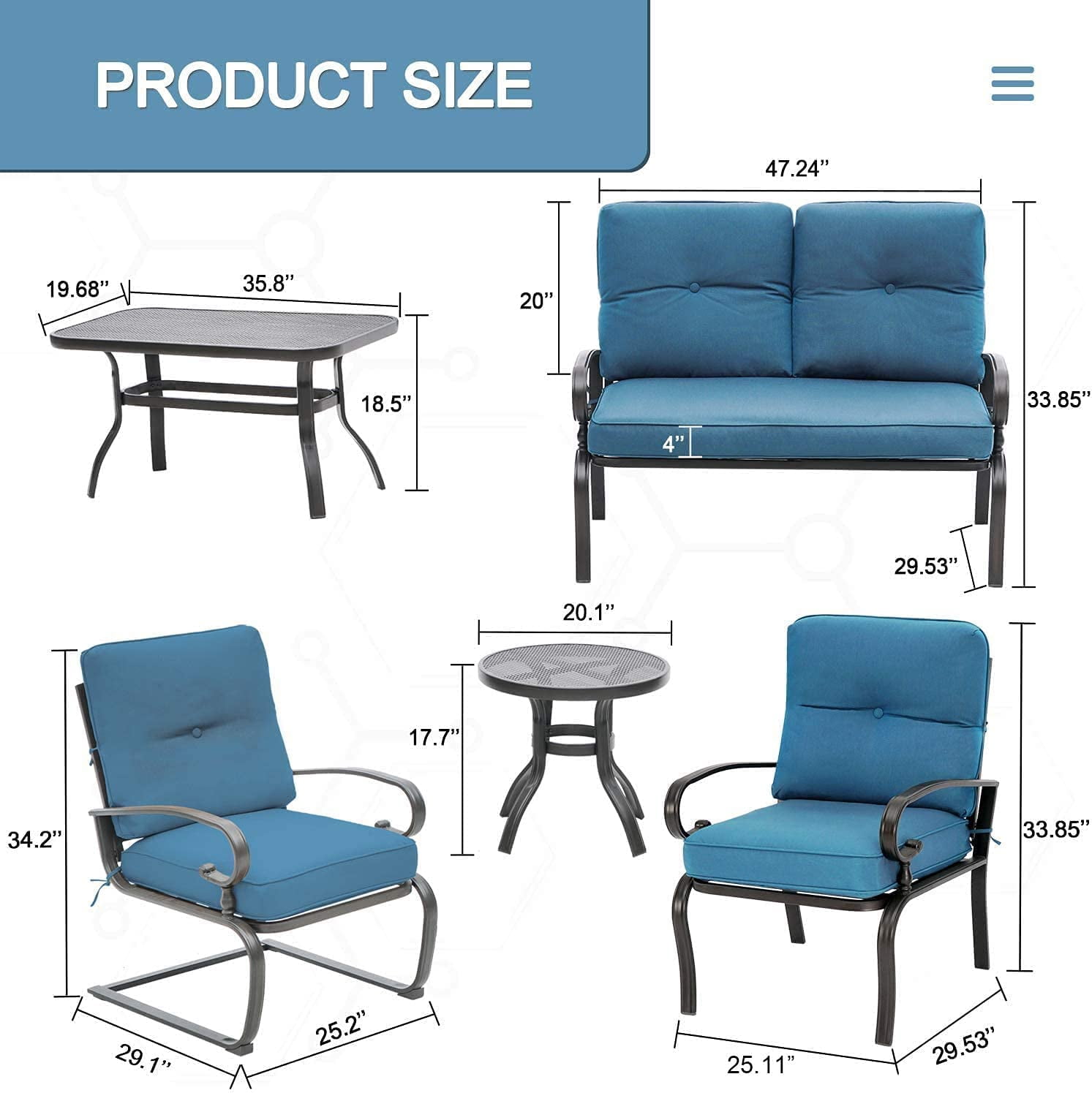 SOLAURA 7-Piece Patio Furniture Outdoor Metal Conversation Set (2 Spring Chairs, 2 Patio Chairs, Loveseat with Coffee Table and Side Table) - Peacock Blue