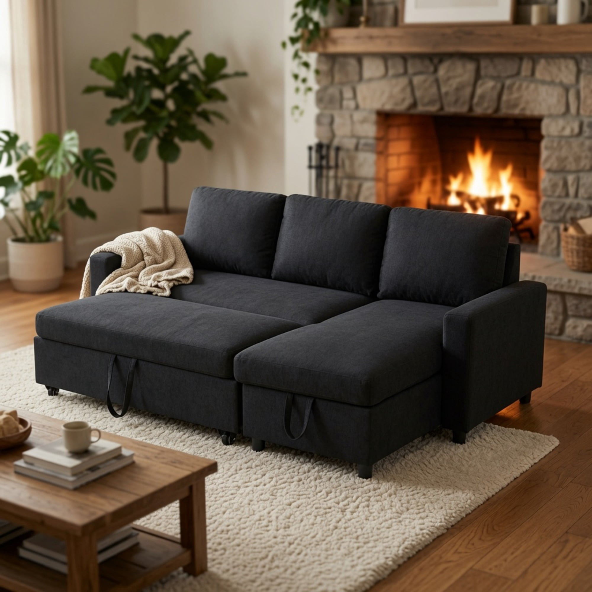 TiramisuBest L-Shaped Convertible Sofa Bed with Reversible & Storage Chaise,84"W Fluffy Flannel Sectional Sleeper for Living Room,Black