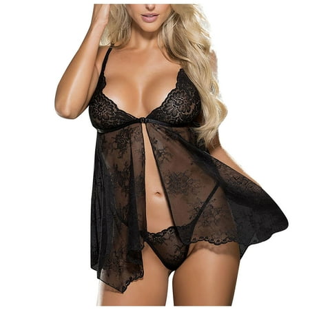 

OVTICZA Women s Nightgown Lace Teddy Sleepwear Mesh Sexy Deep V Neck Chemise Babydoll XL Black