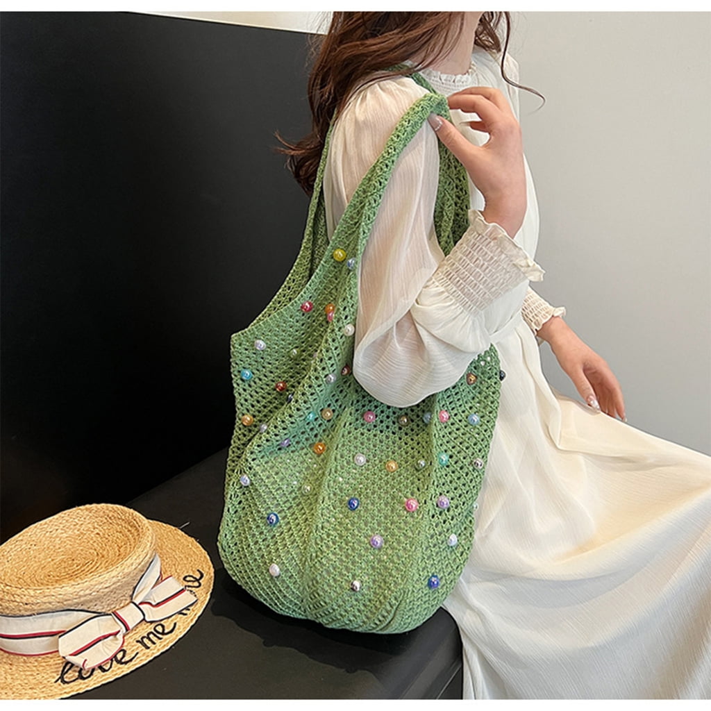 Aurgiarme Women's Crochet Beach Bag Knit Shoulder Bag with Beads Decoration Large Capacity Underarm Handbag for Outdoor