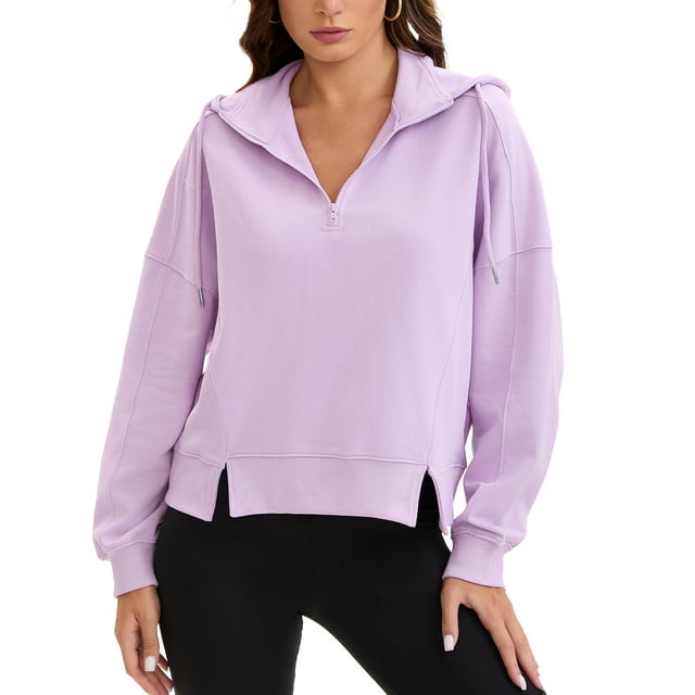 SUDADERA CORTA OVERSIZED PARA MUJERES INSPIRE CHIC CON ABERTURAS LATERALES Y MEDIA CREMALLERA, OUTFITS DE OTOÑO, COLOR PÚRPURA