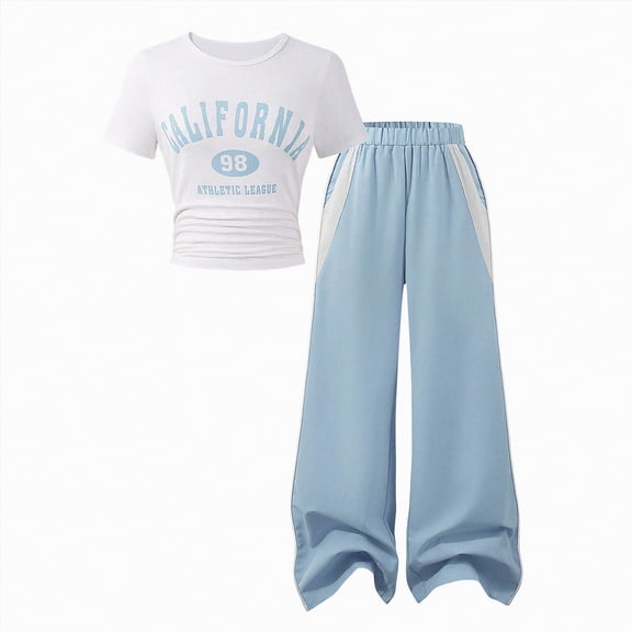 Leey-World Tween Girls 2 Piece Outfits Short Sleeve T-Shirt & Flared Pants Kids Clothing Set (Light Blue,10-11 Years)