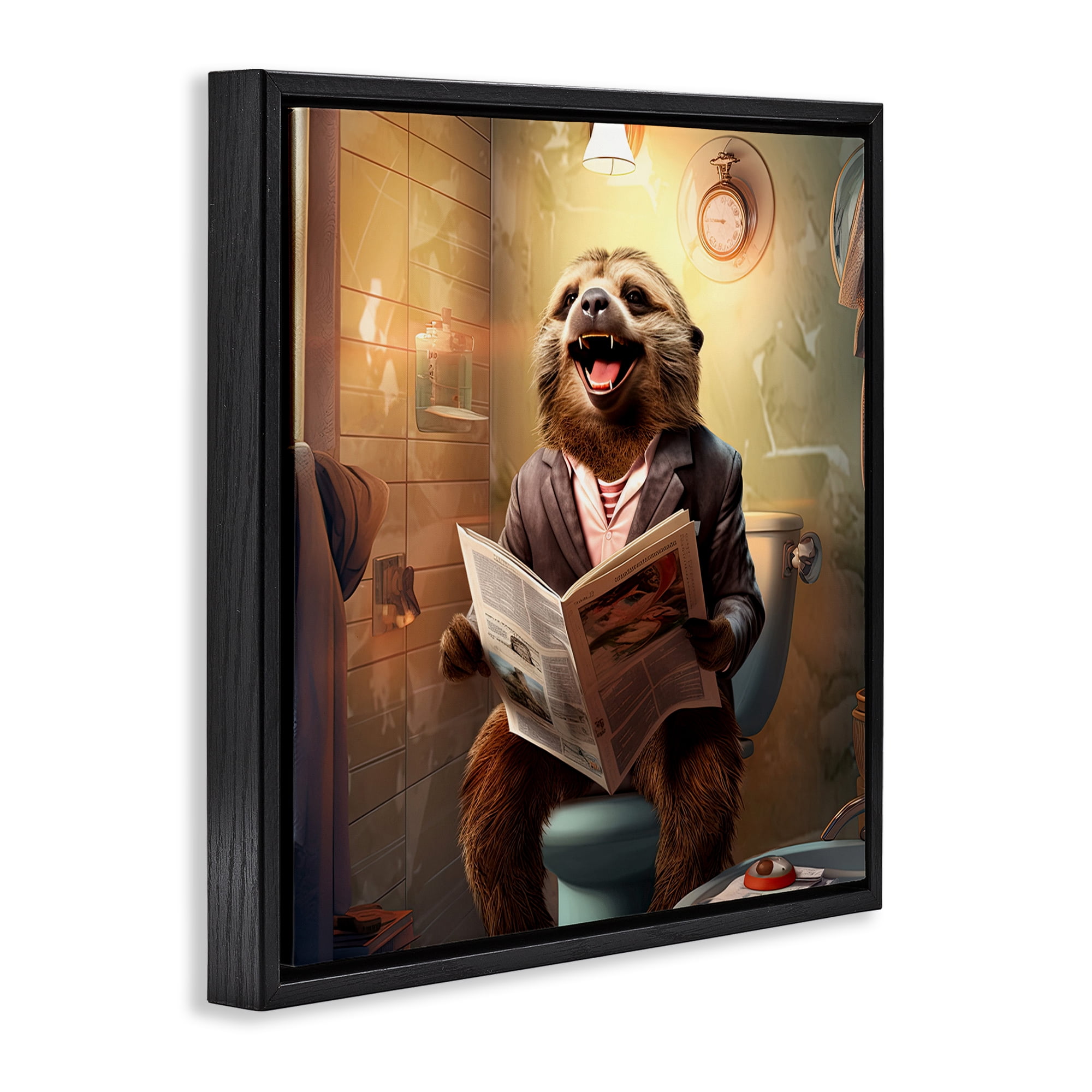 Stupell Industries Smiling Sloth on Toilet Typography Painting Black Floater Framed Canvas Art Print Wall Art, 18 x 18