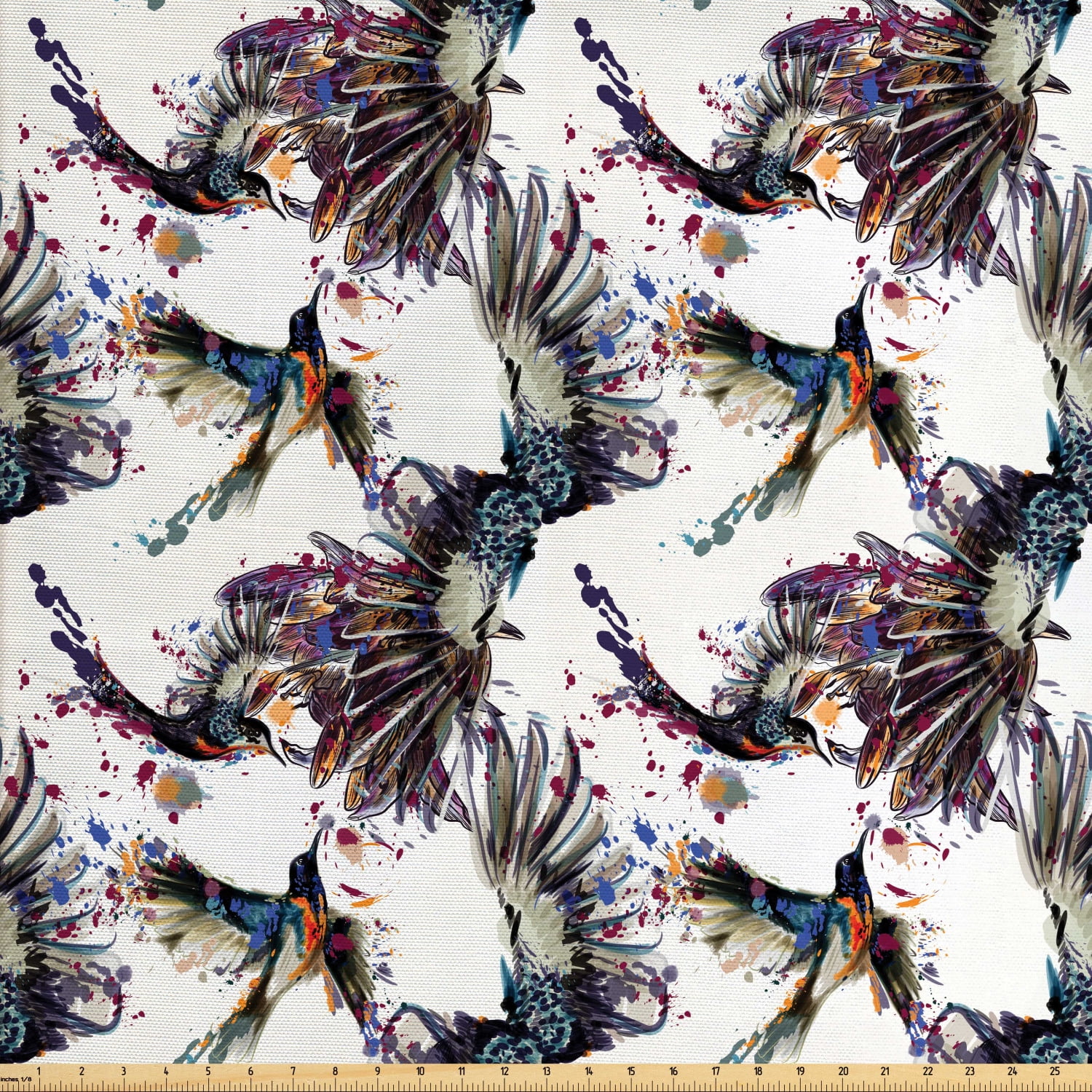 Watercolor Fabric by The Yard, Lilly Flower Pattern with Flying Birds