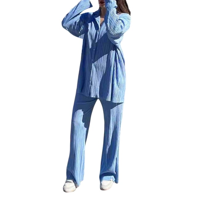 SAYOO Traje de dos piezas para mujeres, camisa de botón de manga larga + traje de pantalones SAYOO moda