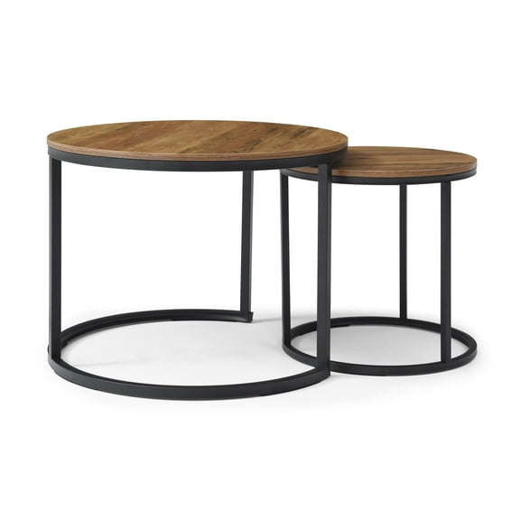 HUJHKIO Nesting Coffee Table Set of 2, Round Modern Industrial Side Tables, Metal Frame Nightstand for Living Room Bedroom Apartment, Small Space Accent Table Centerpiece Desk, Brown