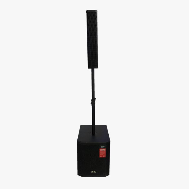 sistema de audio profesional de 12in bluetooth ma-pro12n bocina columna negra montada sobre subwoofer cuadrado, vista frontal; columna delgada con rejilla perforada, caja con rejilla frontal y etiqueta roja, poste de montaje central y acabado en madera negro. Incluye conectividad USB, SD, Bluetooth, XLR, jack y RCA; suitable para eventos y presentaciones.