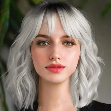 Phocas Grey Wavy Bob Wig for Women 12 Inch Short Wigs with Bangs Dark Roots Synthetic Short Bob Wigs
