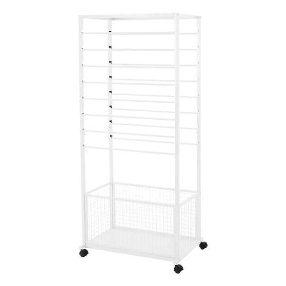 White 16-Tier Rolling Ribbon Organizer Rack, Double-Sided Storage with Basket & Adjustable Shelves, Iron Construction, Locking Wheels—For Craft, Fabric, or Gift Wrap, Easy Assembly