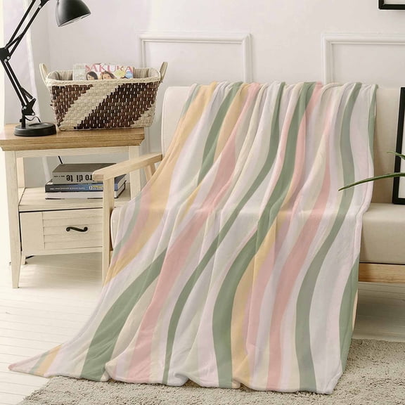 Fleece Blanket Light Green Pink Stripes Blankets, Soft Cozy Warm Flannel Throw Blanket, Low Saturation Colorful Pattern Blanket for Bed Couch Sofa,40x50In